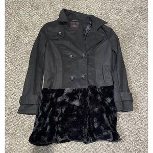 Yoki New York Womens Black Wool Blend Faux Fur Bottom Double Breasted Coat M